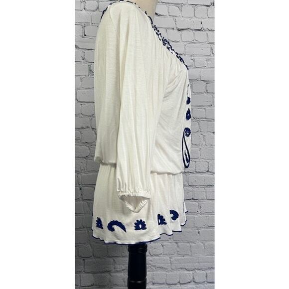 Boston Proper Off The Shoulder White Blue Embroidered Blouse Short Sleeve Small - Picture 5 of 9